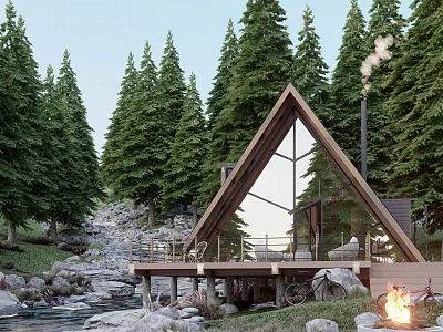 Rustic A Frame Villa Surrounded By Pine Trees Stream Rocks And Wooden Deck With Campfire 3d model