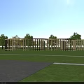 Modern Curved Pergola Structure With Metal Frame On Green Lawn And Seating Space