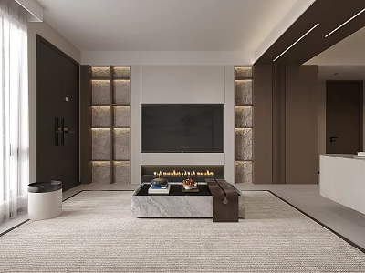 Modern Living and Dining Room Interior With TV Wall Coffee Table Fireplace And Area Rug 3d model