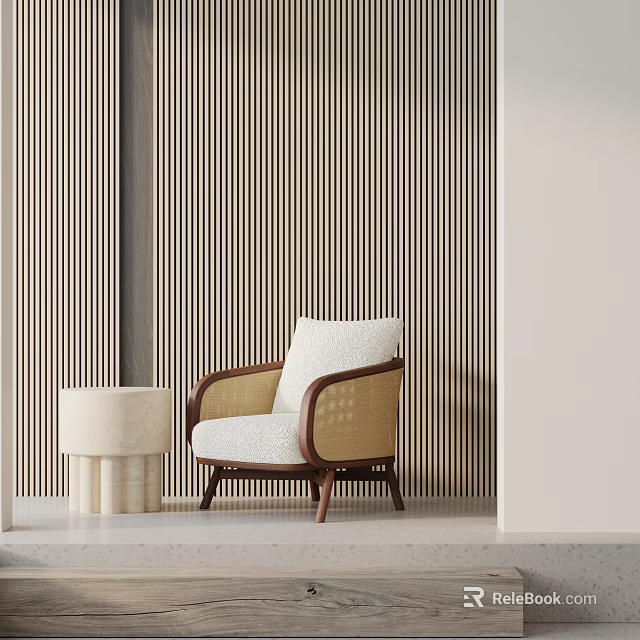 Elegant Modern Single Sofa With Beige Fabric Upholstery And Wooden Legs Near Striped Wall Panel 3d model 