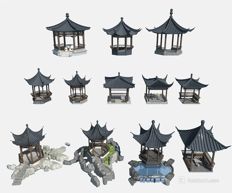 Chinese Traditional Pavilions With Various Designs Stone Decorations And Small Pond 3d model 