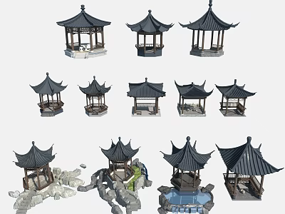 Chinese Traditional Pavilions With Various Designs Stone Decorations And Small Pond 3d model