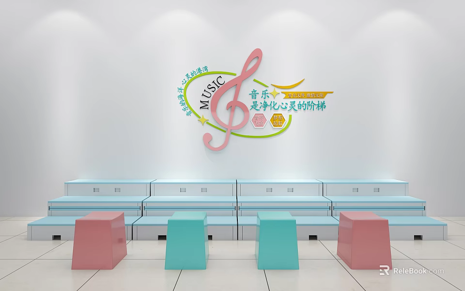 School Music Room with Pink Treble Clef Music Lettering Colorful Step Seats for Soul Purification 3d model 