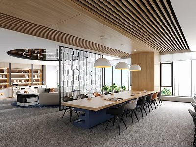 Modern Tea Room Interior With Long Table Chairs Wooden Ceiling And Bookshelves 3d model