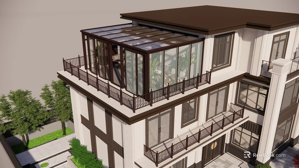 Modern Detached Villa With Glass Roof Balcony Two Story Design And Green Plants 3d model 