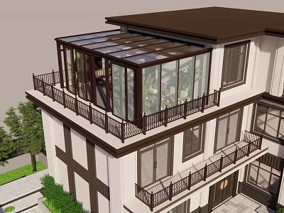 Modern Detached Villa With Glass Roof Balcony Two Story Design And Green Plants 3d model