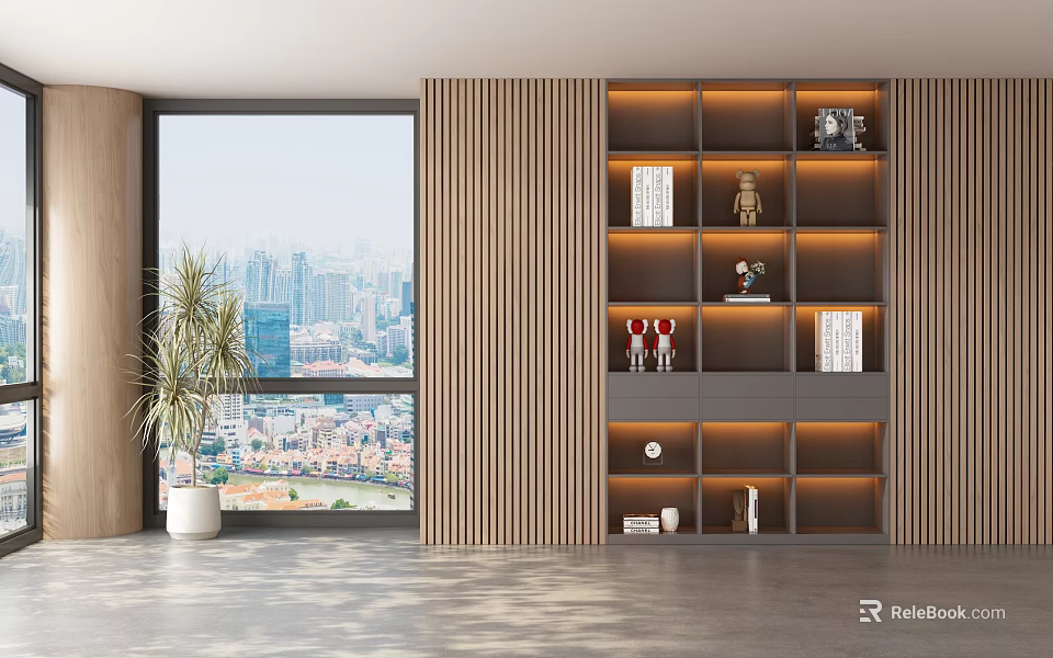 Modern Tea Room Interior With Wooden Shelves Green Plants And City View Window 3d model 