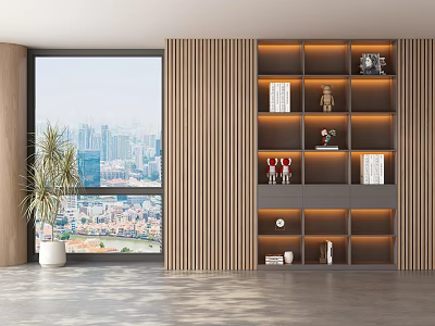 Modern Tea Room Interior With Wooden Shelves Green Plants And City View Window 3d model