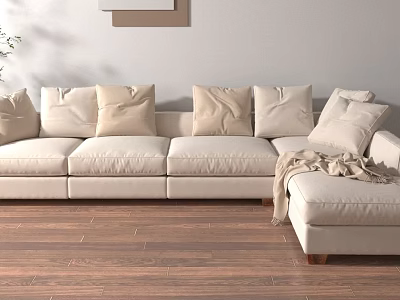 Cozy Living Room Interior With Beige Sofa Multiple Cushions Ottoman And Wooden Floor 3d model