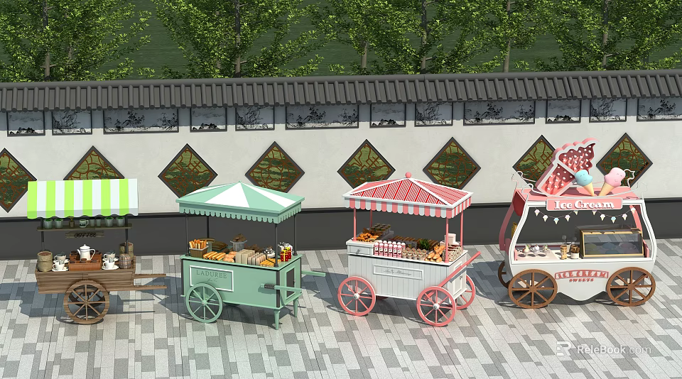 Colorful Functional Carts With Canopies For Street Vending Near Green Plants And Decorative Walls 3d model 