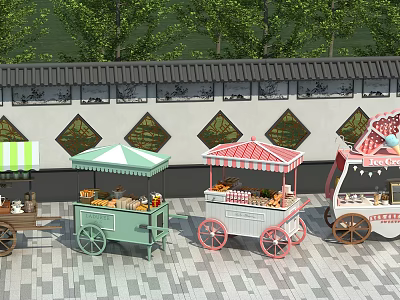 Colorful Functional Carts With Canopies For Street Vending Near Green Plants And Decorative Walls 3d model