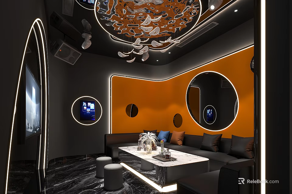 Stylish KTV Interior Design With Orange Walls Black Sofas And Round Mirrors 3d model