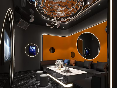 Stylish KTV Interior Design With Orange Walls Black Sofas And Round Mirrors 3d model