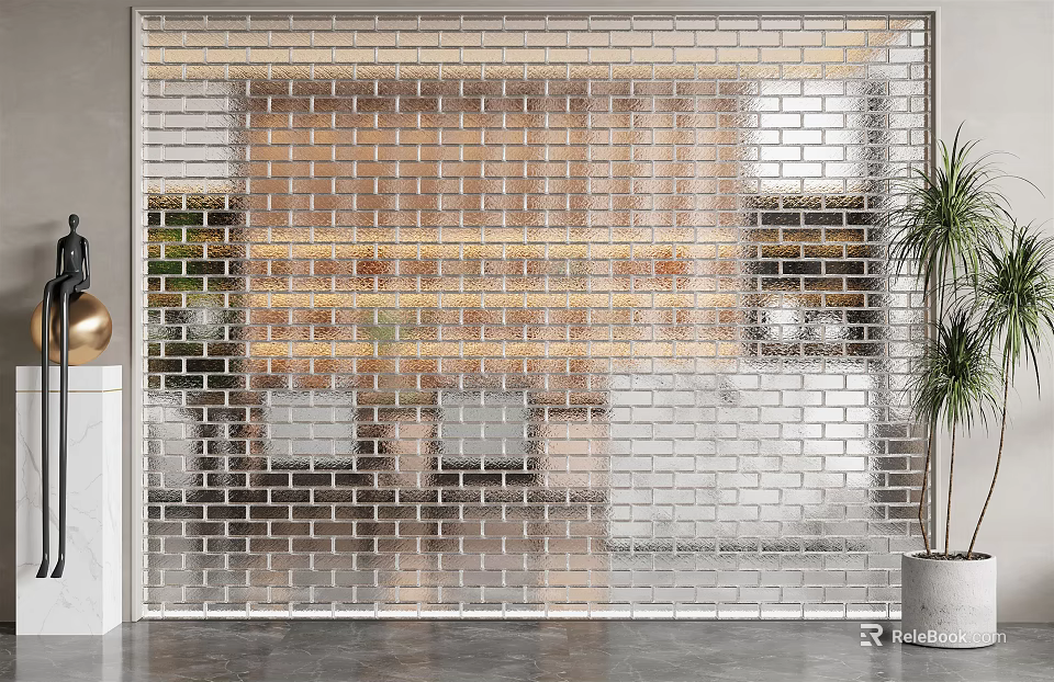 Modern Glass Brick Wall With Transparent Design And Indoor Green Plant Background 3d model 