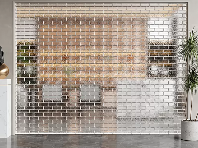 Modern Glass Brick Wall With Transparent Design And Indoor Green Plant Background 3d model