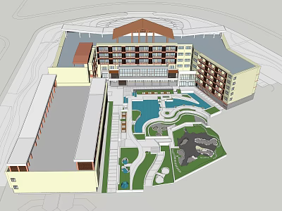 Modern Multi story Hotel Building Featuring Courtyard Swimming Pool And Landscape 3d model