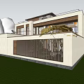 Modern Detached Villa Exterior With Green Lawn Trees And Wooden Grille Design