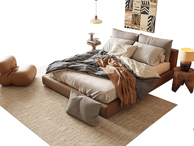 Modern Double Bed Interior With Cozy Bedding Decorative Pillows And Wooden Nightstand 3d model