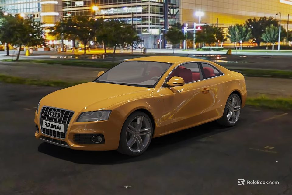 Sleek Yellow Audi Coupe Parked In Urban Night Scene With Street Lights And Trees 3d model 
