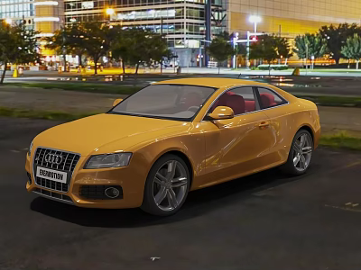 Sleek Yellow Audi Coupe Parked In Urban Night Scene With Street Lights And Trees 3d model