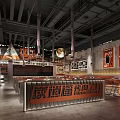 Industrial Style Barbecue Restaurant With Metal Tables Chairs And Neon Signage
