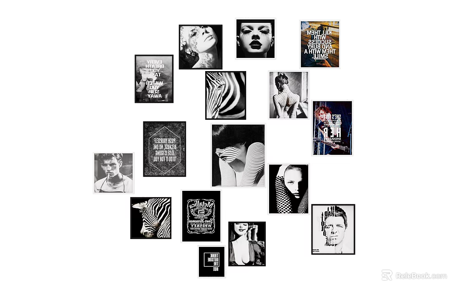 Creative Photo Wall Decor With Various Black And White Photos And Art Prints 3d model 