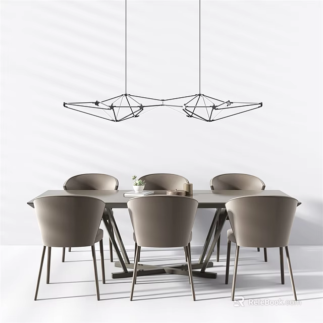 Modern Dining Table Set With Beige Chairs And Geometric Pendant Lights 3d model