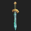 Ornate Fantasy Sword With Golden Hilt Crossguard Green Gem And Blue Glowing Patterns
