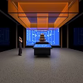 Art Installation With Traditional Pagoda Model Blueprints And Interactive Digital Screen