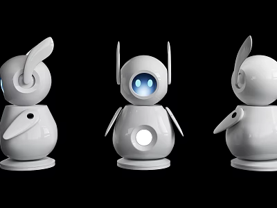 Three White Smart Robots With Different Designs Glowing Blue Eyes And Circular Openings 3d model