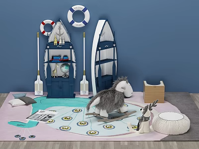 Decorative Cabinet in Children's Room with Lifebuoy Surfboard Rocking Horse and Cushion on Pink Rug 3d model