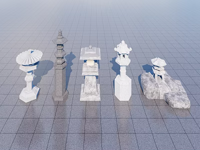 Japanese Style Stone Garden Ornaments With Various Lanterns And Decorative Pieces 3d model