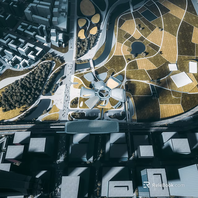 Aerial View Of Modern Urban Park With Geometric Green Spaces And Central Architectural Design 3d model 
