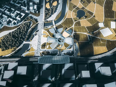Aerial View Of Modern Urban Park With Geometric Green Spaces And Central Architectural Design 3d model