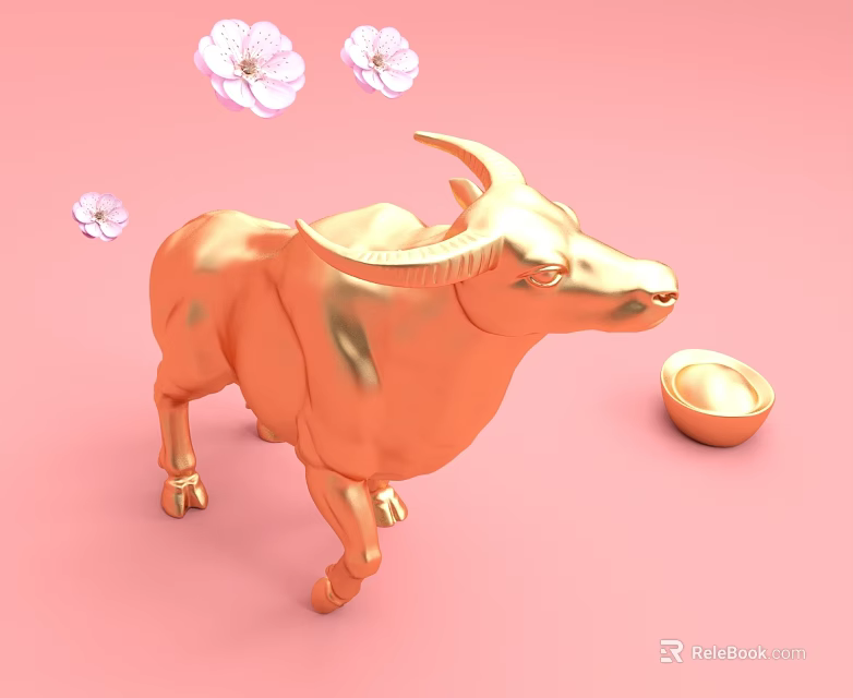 Golden Ox Sculpture Carving with Pink Background Flowers and Gold Ingot Decoration 3d model 