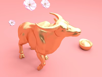 Golden Ox Sculpture Carving with Pink Background Flowers and Gold Ingot Decoration 3d model