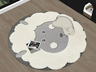 Plush Round Rug With White Gray Teddy Bear Design And Soft Edges On Wooden Floor 3d model