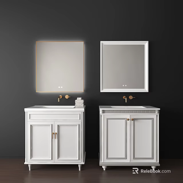 Double White Bathroom Vanity With Mirrors And Cabinets On Dark Wall 3d model