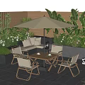 Garden Outdoor Relaxation Space With Patio Furniture Umbrella And Lush Green Plants