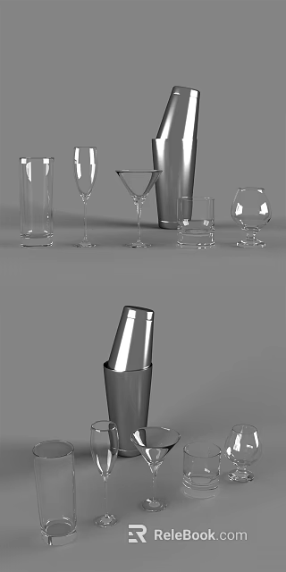 Collection of Wine Bottles and Various Wine Glasses in Clear Glass Design 3d model 