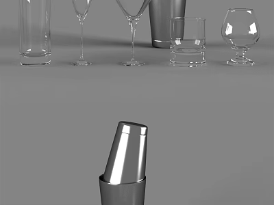 Collection of Wine Bottles and Various Wine Glasses in Clear Glass Design 3d model