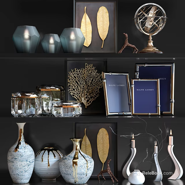 Decorative Ornament Set With Vases Candle Holders Photo Frames Gold Leaf And Globe Decor 3d model 