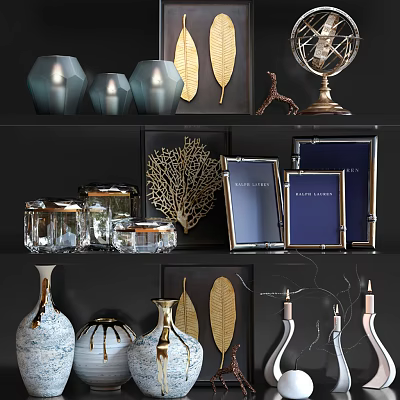 Decorative Ornament Set With Vases Candle Holders Photo Frames Gold Leaf And Globe Decor 3d model