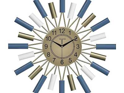 Modern Sunburst Wall Clock With Gold Blue White Metallic Decorative Arms And Number Markers 3d model