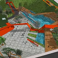 Urban Park Landscape With Orange Structures Water Pool Walkways And Trees 3d model