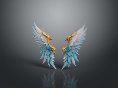 Symmetrical Mythical Creature Wings Featuring Golden Heads Blue White Feathers And Reflection 3d model
