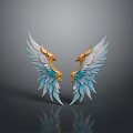 Symmetrical Mythical Creature Wings Featuring Golden Heads Blue White Feathers And Reflection