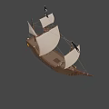 Vintage Wooden Pirate Ship With White Sails And Black Jolly Roger Flag