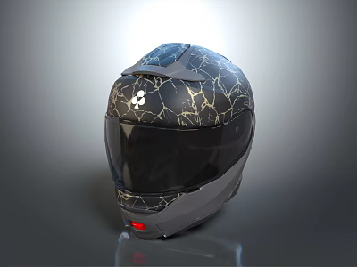 Protective Motorcycle Helmet With Cracked Pattern Black Gray Design And Transparent Visor 3d model