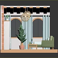 Pink Brick Wall Cartoon Living Room Scene With TV Fireplace Green Sofa And Plant